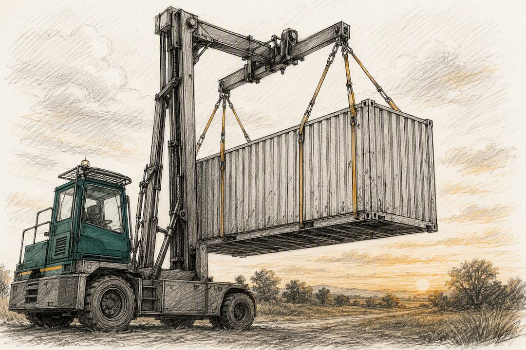 Sideloader lifting container at rural loading site