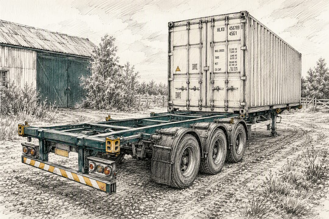 Skeletal trailer delivering container on gravel yard