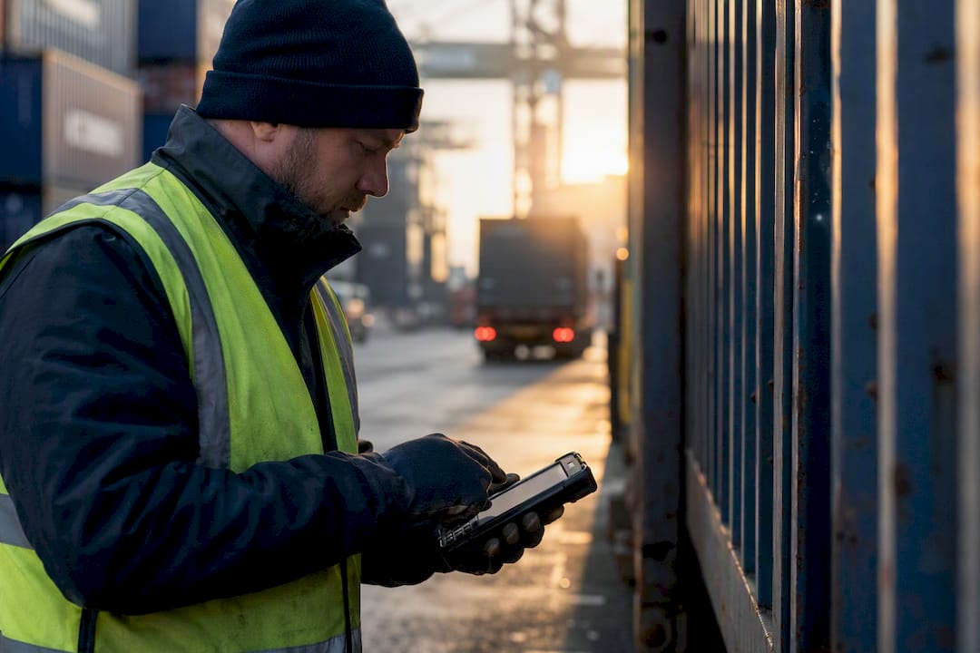 Hands scanning container at UK port gate