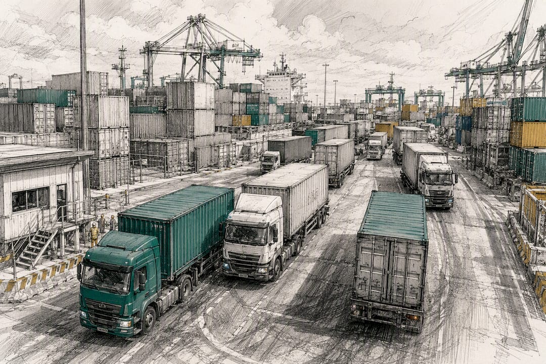Container trucks navigating busy port congestion