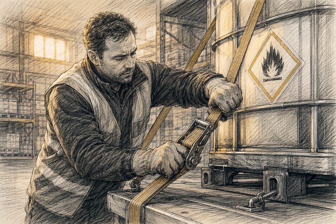 Driver tightening straps on hazardous goods container