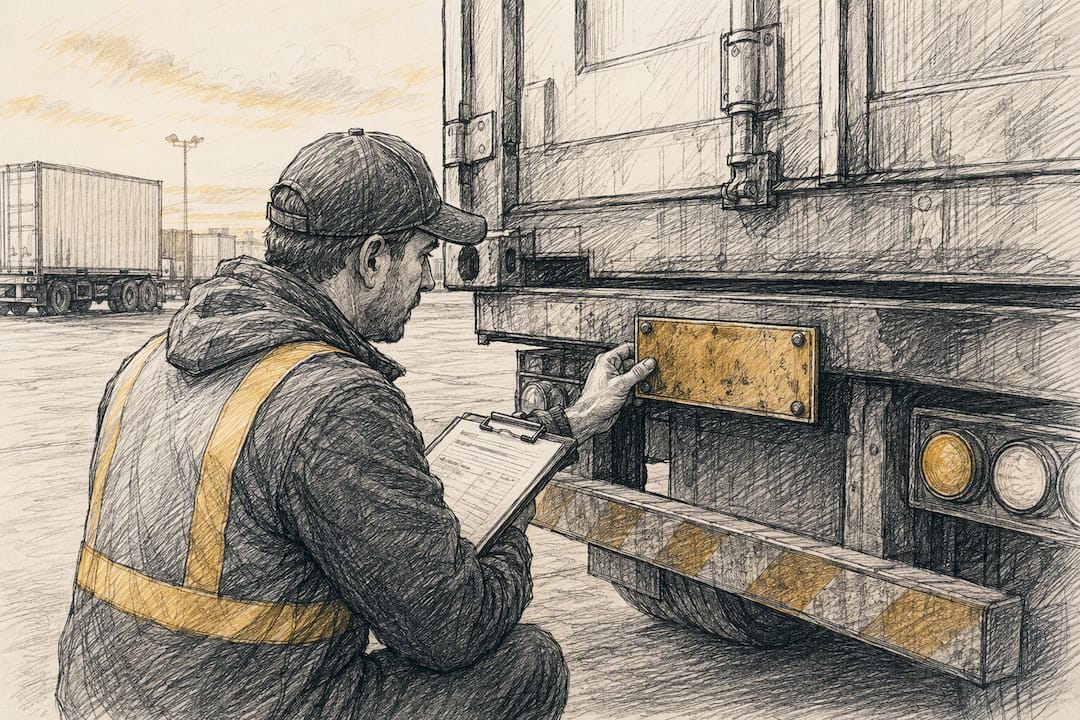 Driver inspecting trailer registration plate