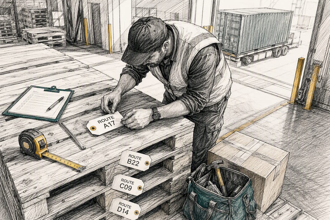 Worker arranging route markers at loading dock