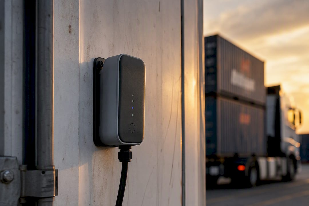 Close-up of reefer container telematics sensor