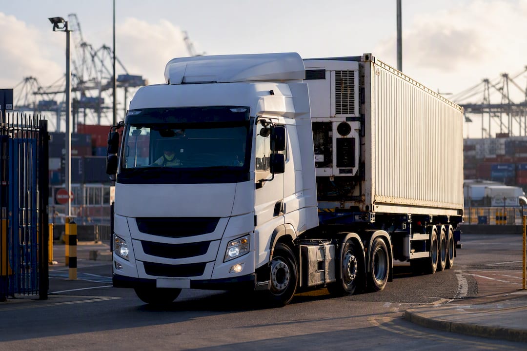 Container haulage truck entering UK port