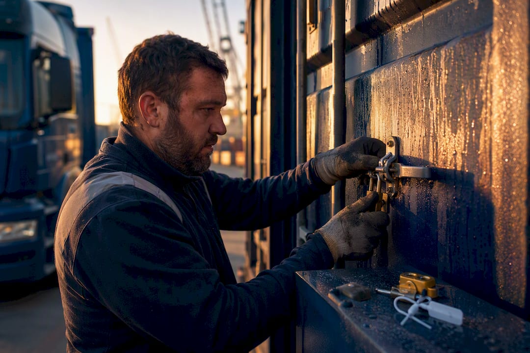 Driver securing container lock on truck