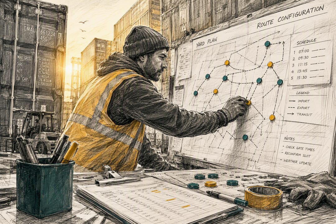 Worker arranging route markers in container yard