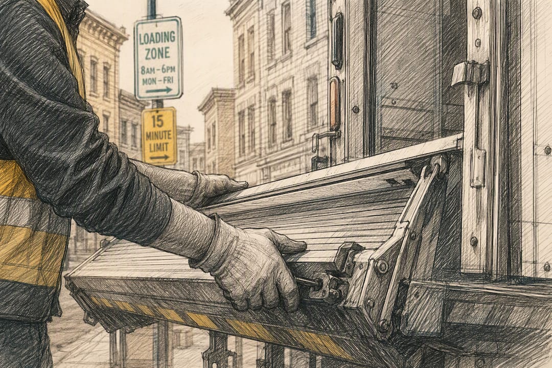 Driver operating trailer ramp in urban delivery