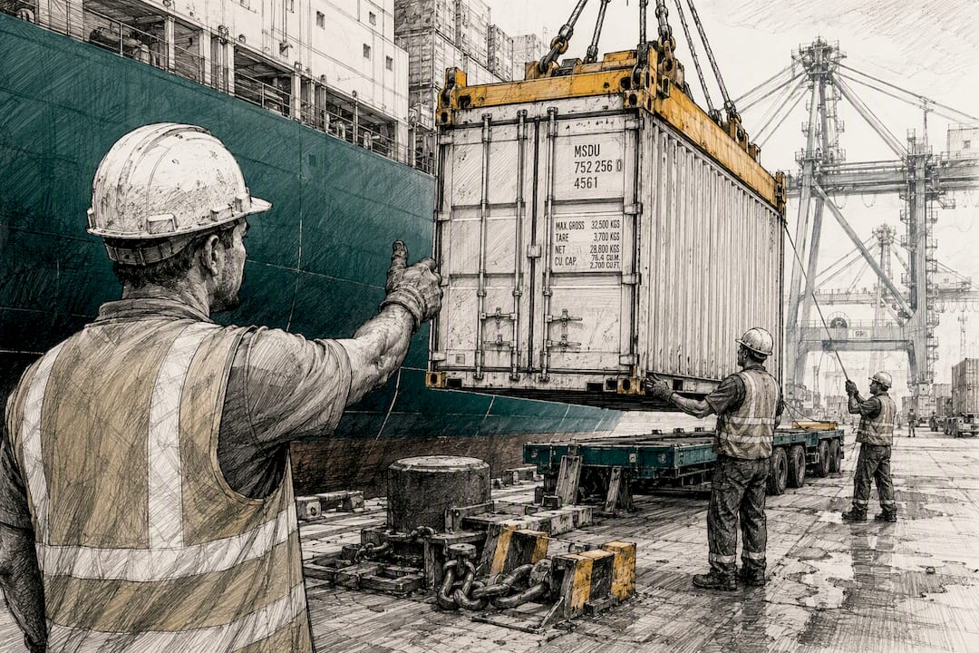 Workers securing container at port dock