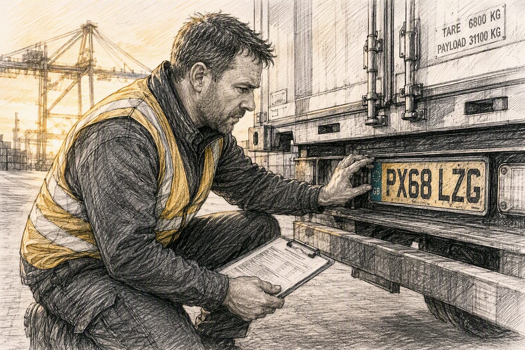 Driver inspecting trailer registration plate at port