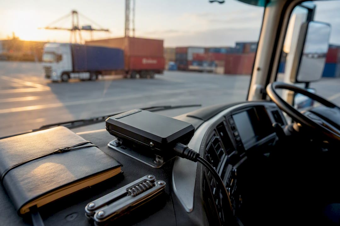 GPS tracking device on container haulage truck dashboard