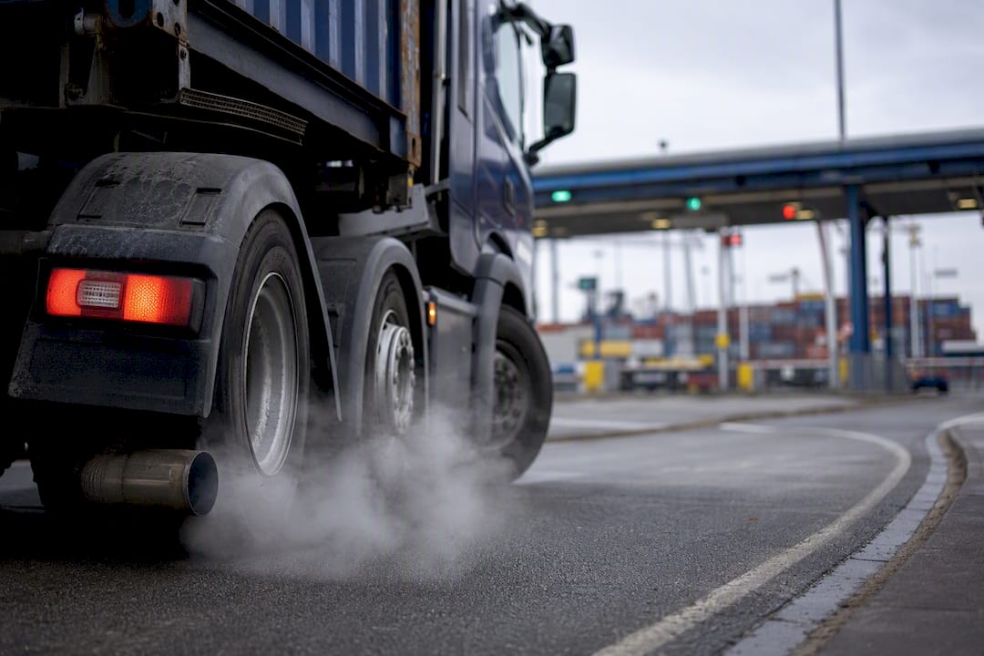 Truck exhaust pipe at UK port gate