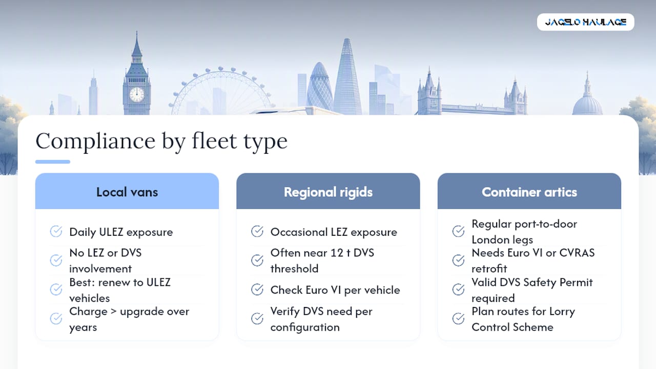 Compliance strategies in practice: three fleet types compared — overview diagram