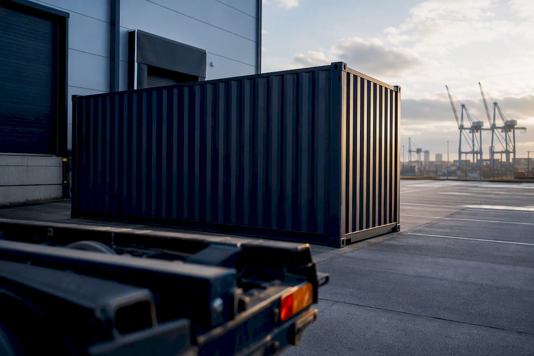Shipping container staged for later collection
