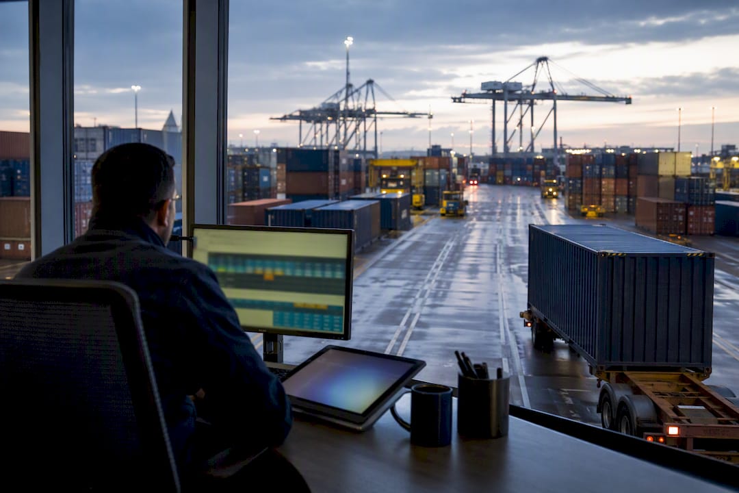 Container terminal staging lanes at dawn
