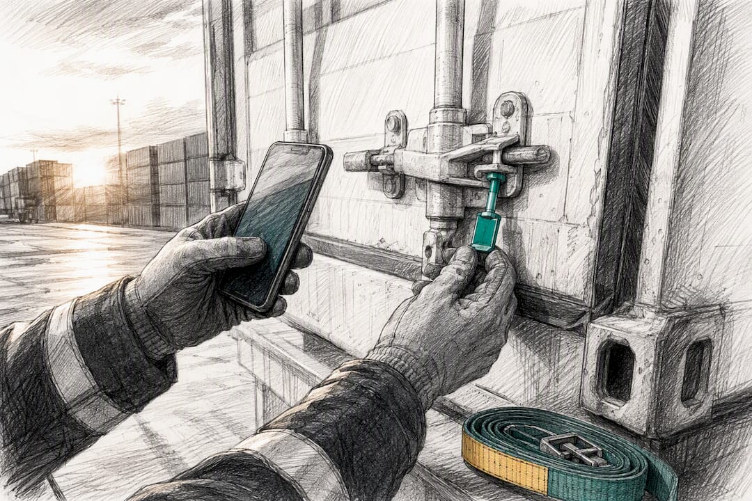 Driver inspecting container seal before departure