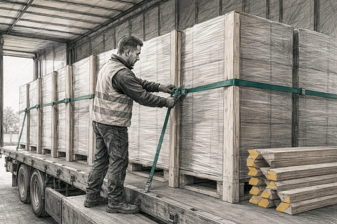 Worker securing pallets with trailer straps