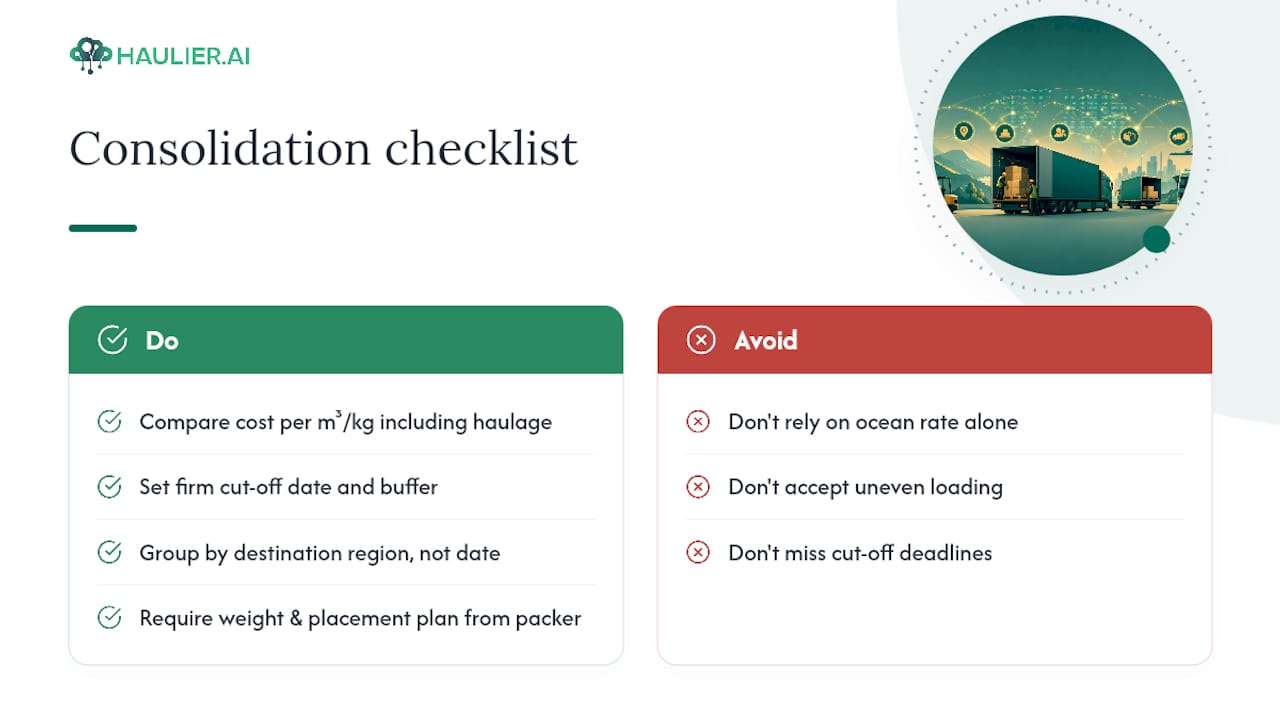 Tips for consolidating shipments to optimise part load haulage costs — overview diagram