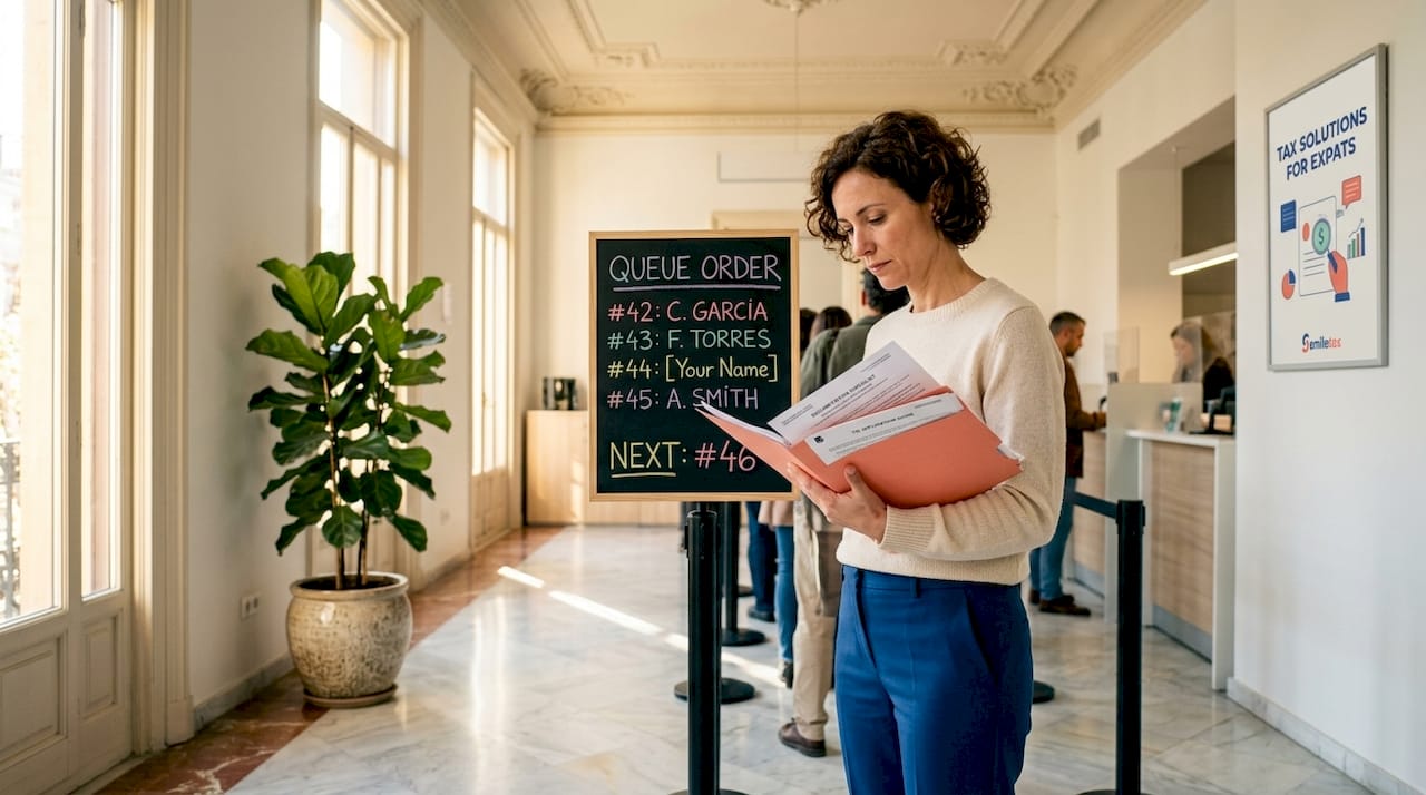 Expat organizing documents in Spanish office queue