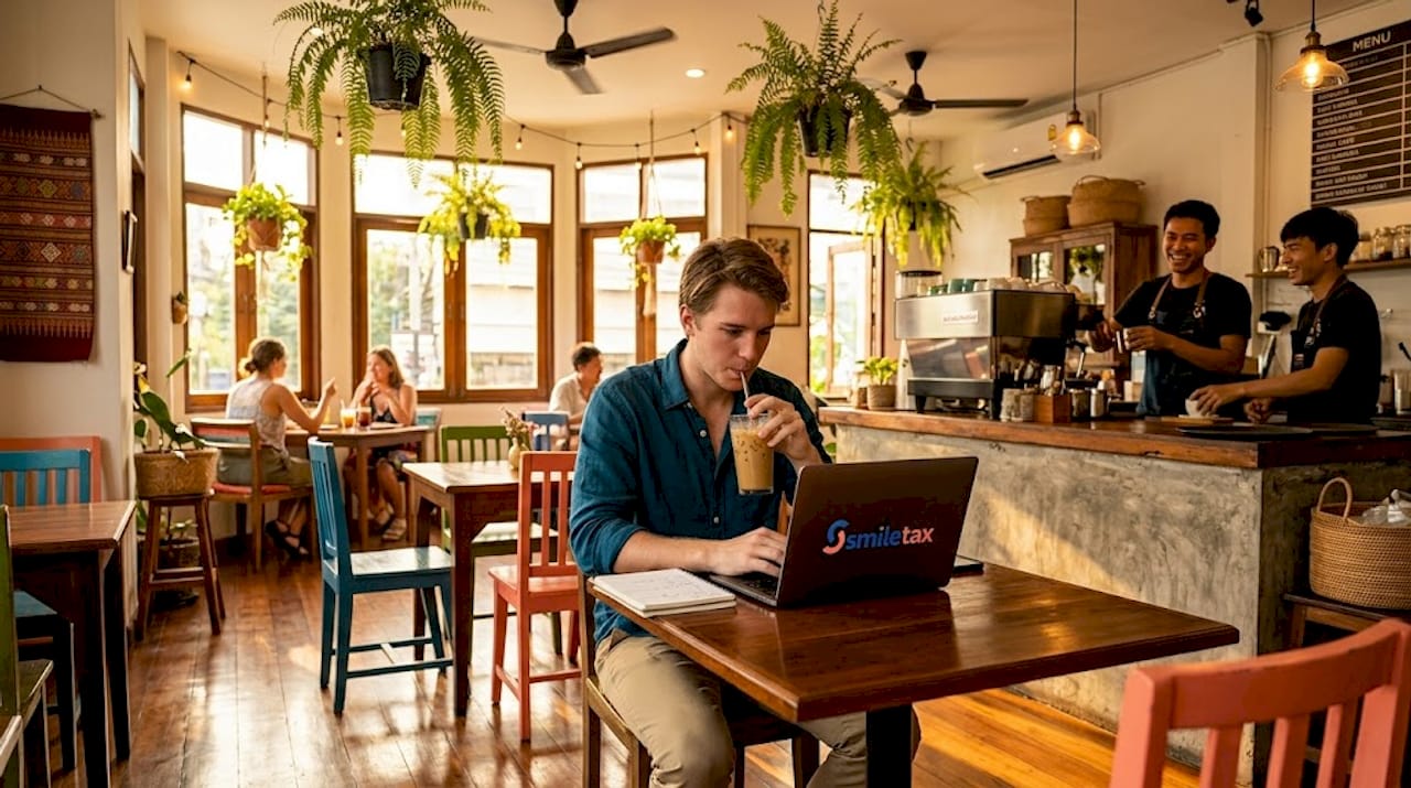 Digital nomad working in Thai café