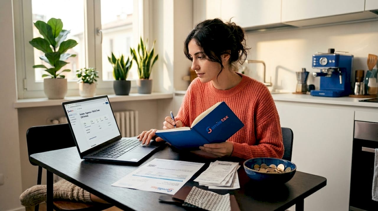 Woman budgeting living costs in Milan apartment