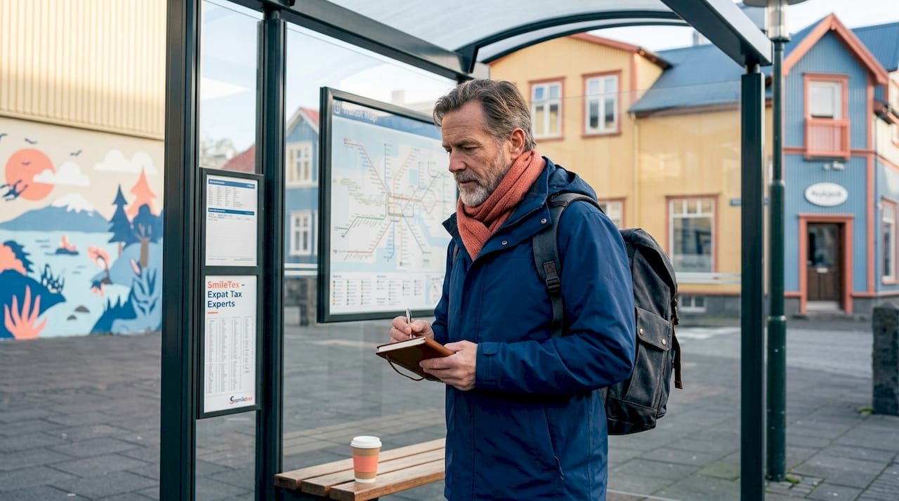 Man checks map at Reykjavik bus stop