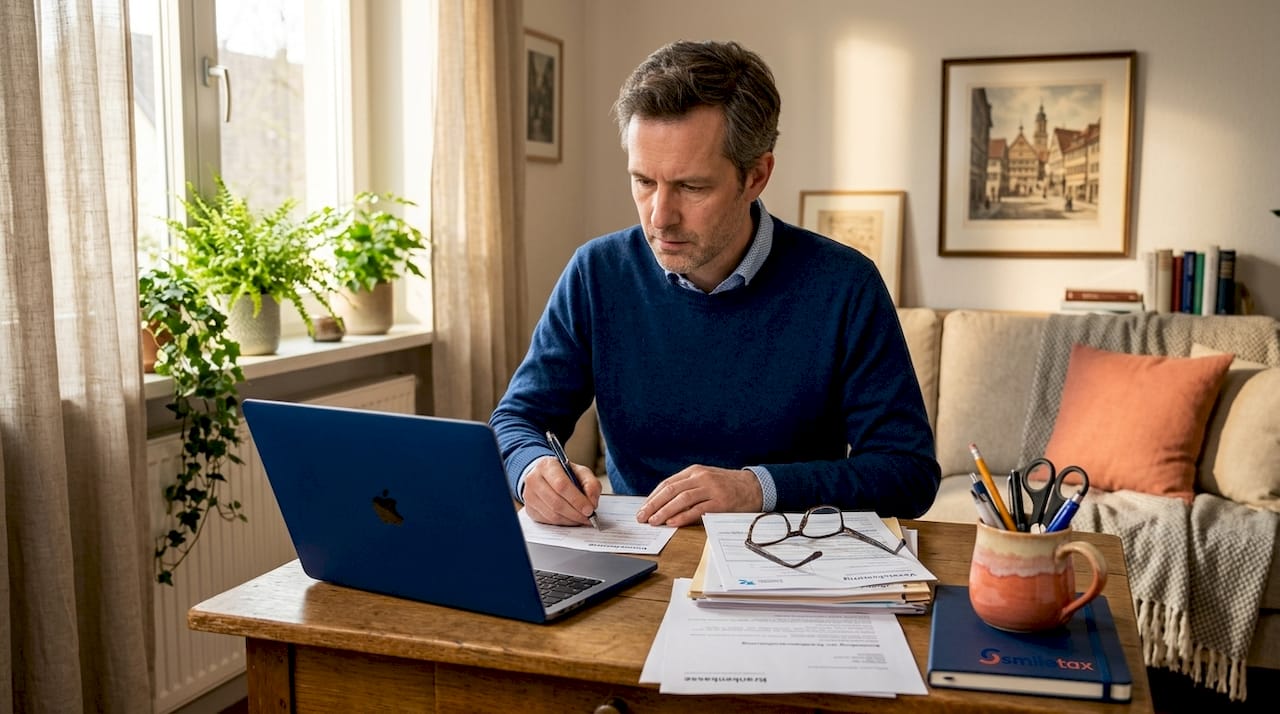 Man registering for health insurance at kitchen table