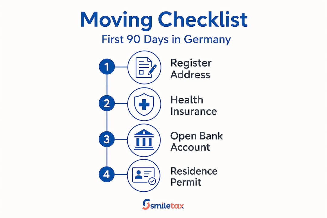 Infographic outlining key steps for moving to Germany