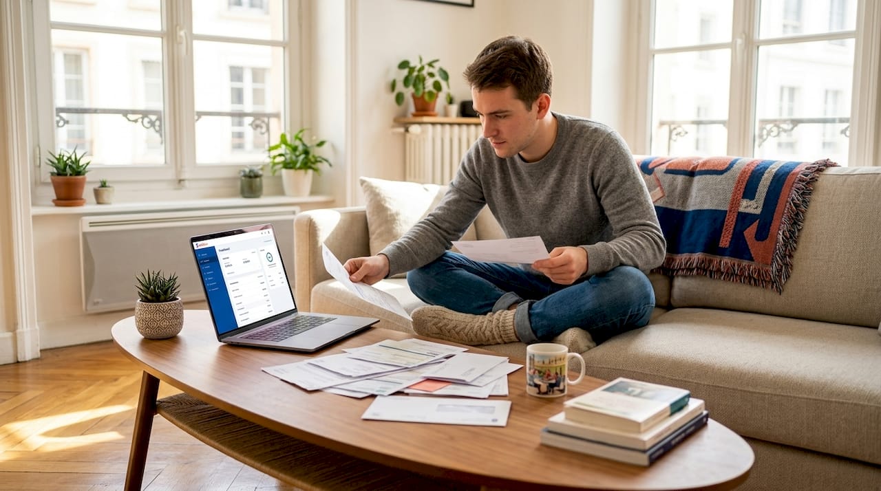 American looking through paperwork in French apartment