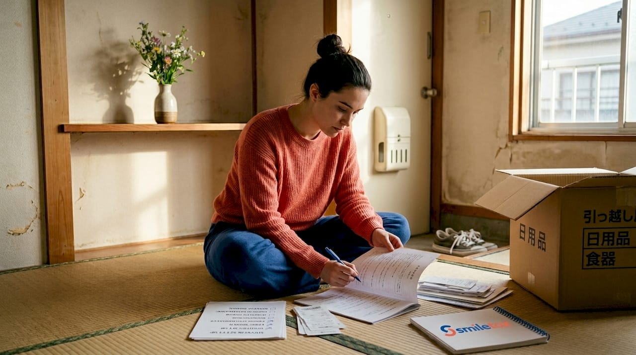American woman reviews apartment lease in Tokyo