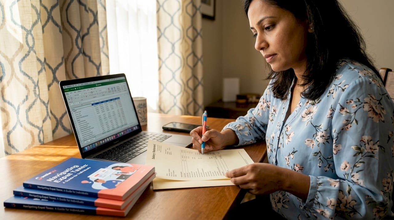 Expat woman reviewing salary and tax documents at desk
