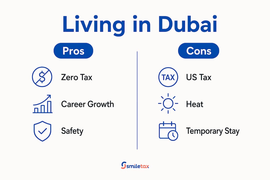Infographic comparing pros and cons of living in Dubai