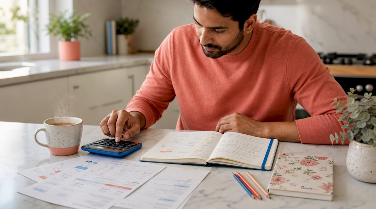 Hands calculating living costs at desk