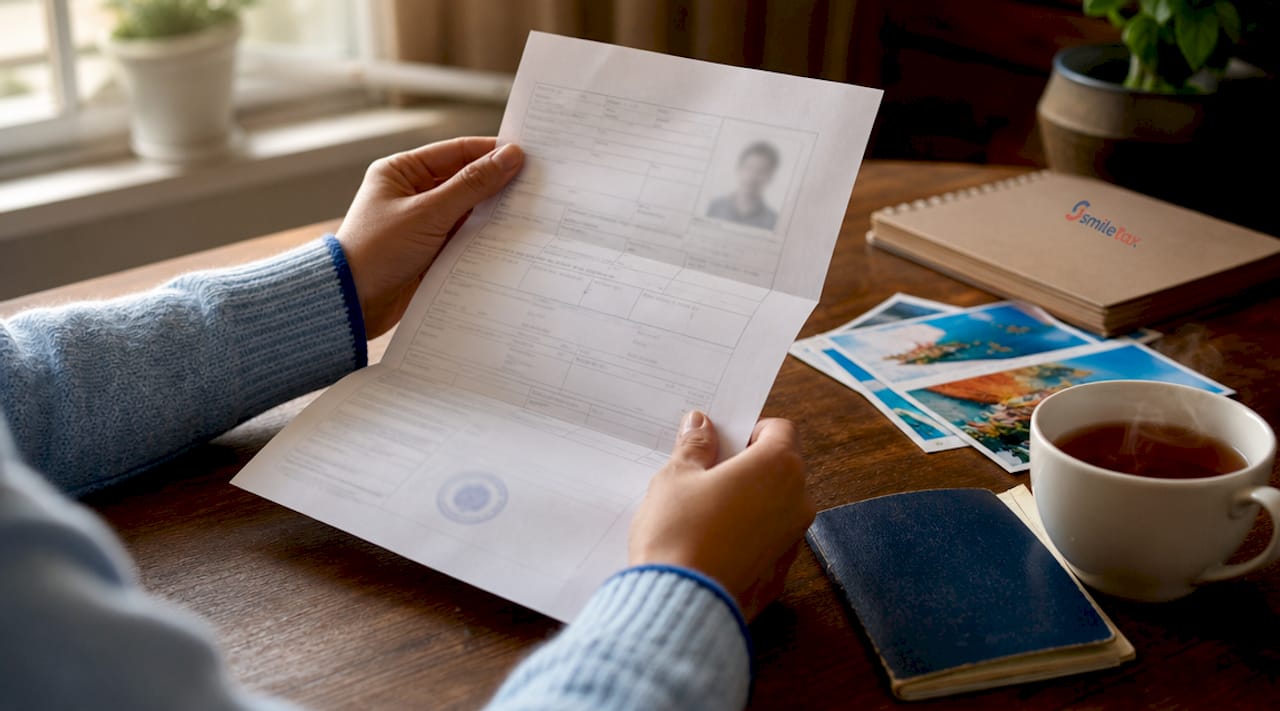 Hands holding visa application form