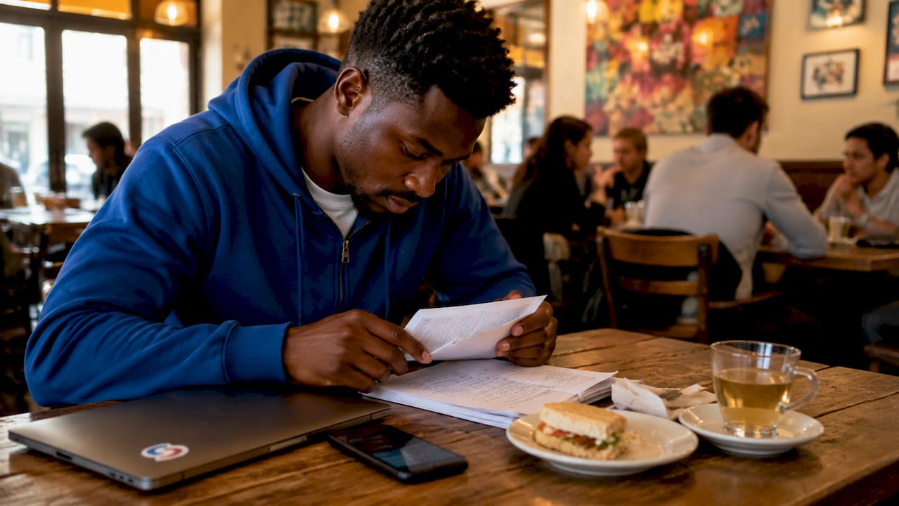Overhead of expat using phrasebook at kitchen table