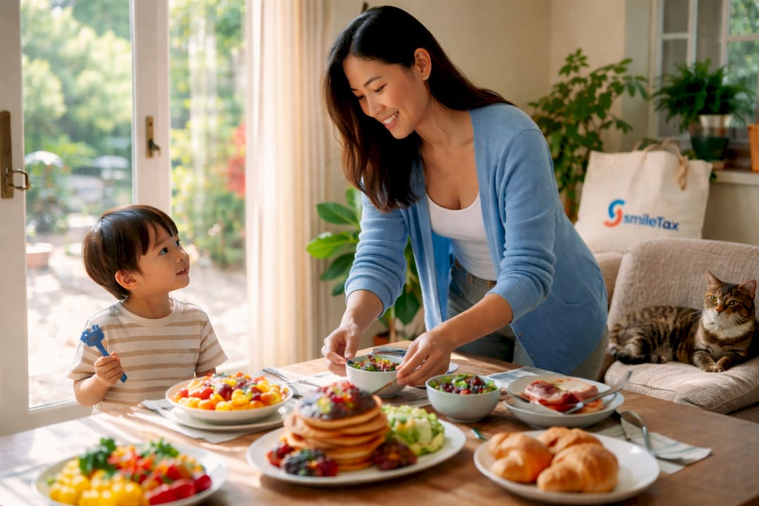 Mother setting breakfast table with child watching