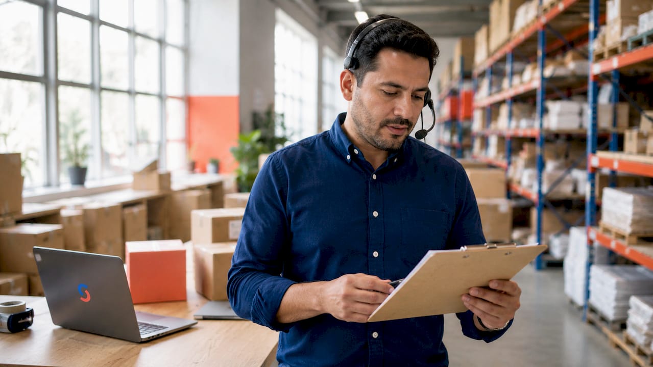 Move manager multitasking with headset and checklist