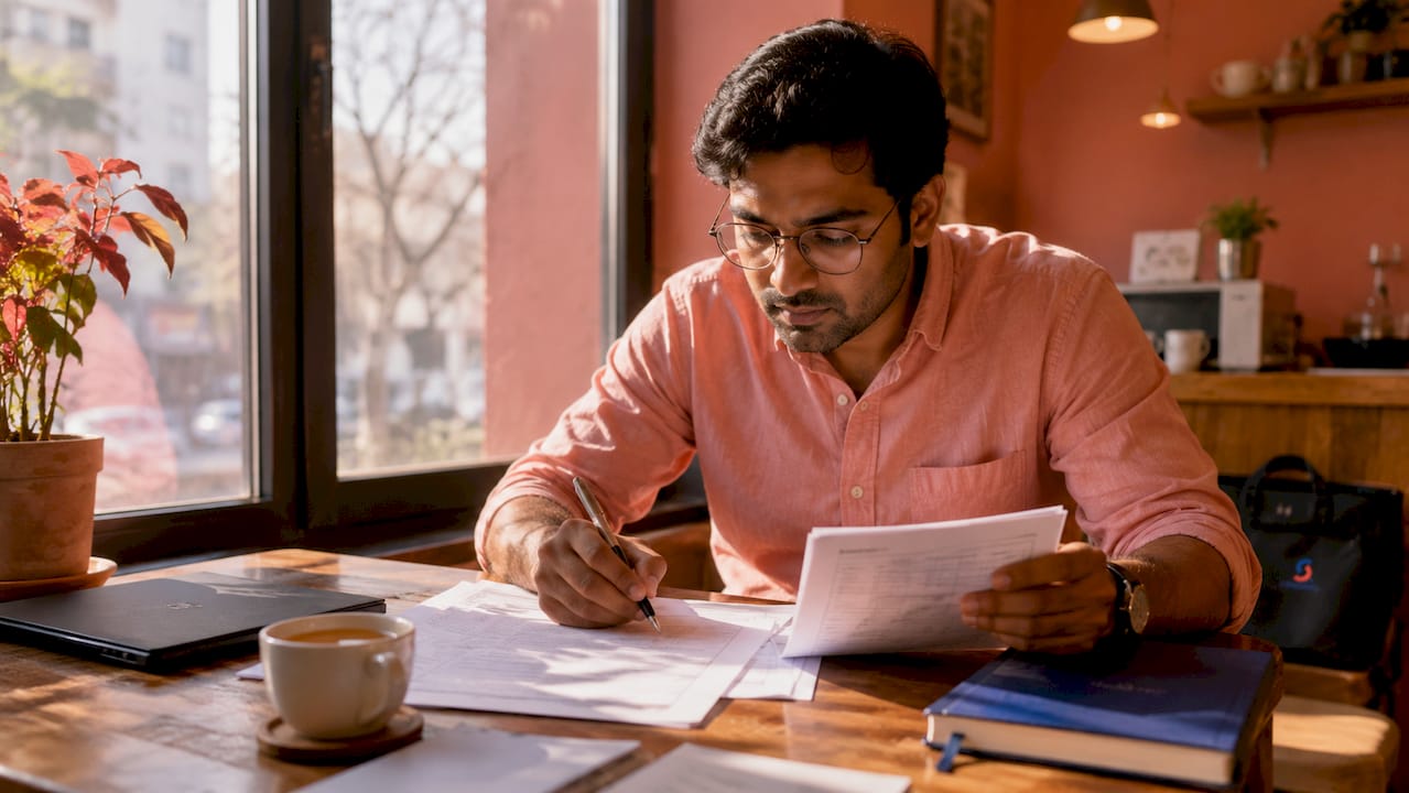 Man filling out E-2 visa paperwork in library