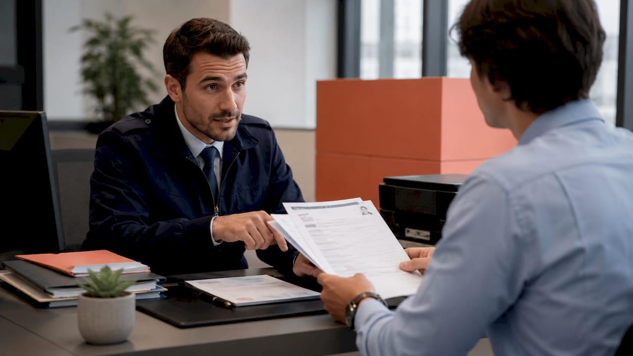 Hands exchanging Swiss visa application forms at government office