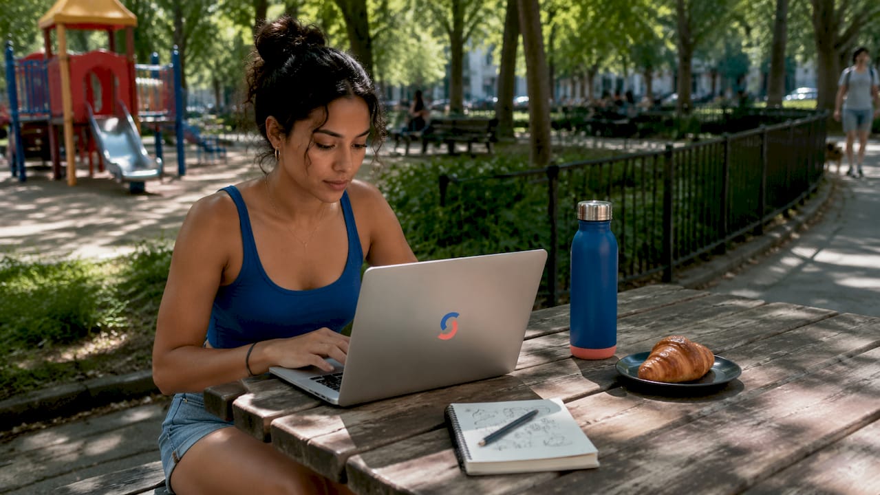 Woman working on digital nomad visa application outdoors