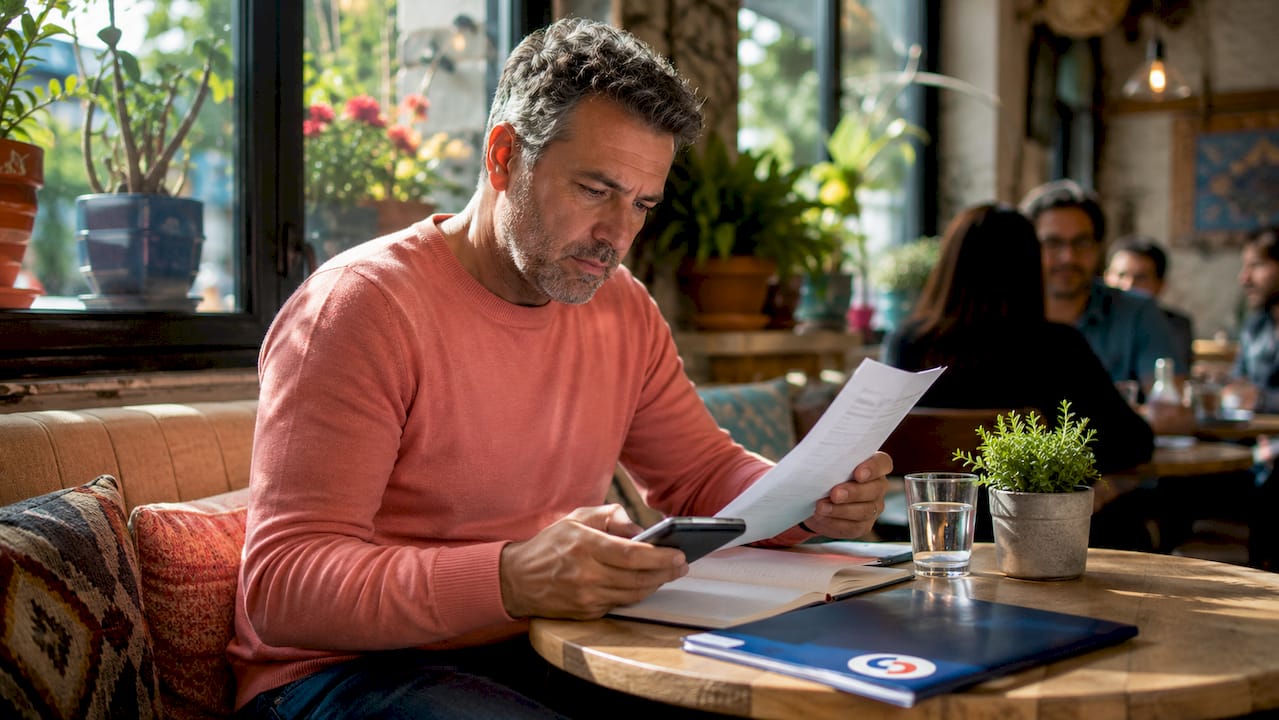 Man reviewing apartment rent documents in Athens apartment