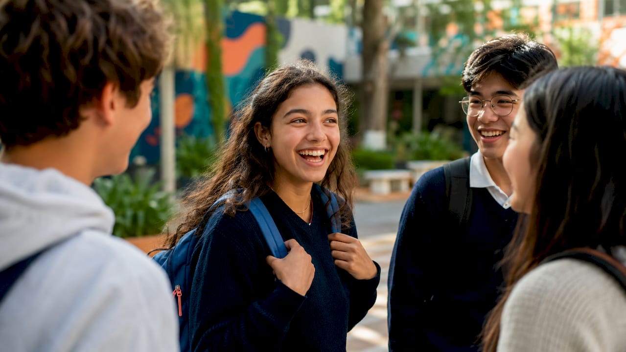 International school hallway with diverse students