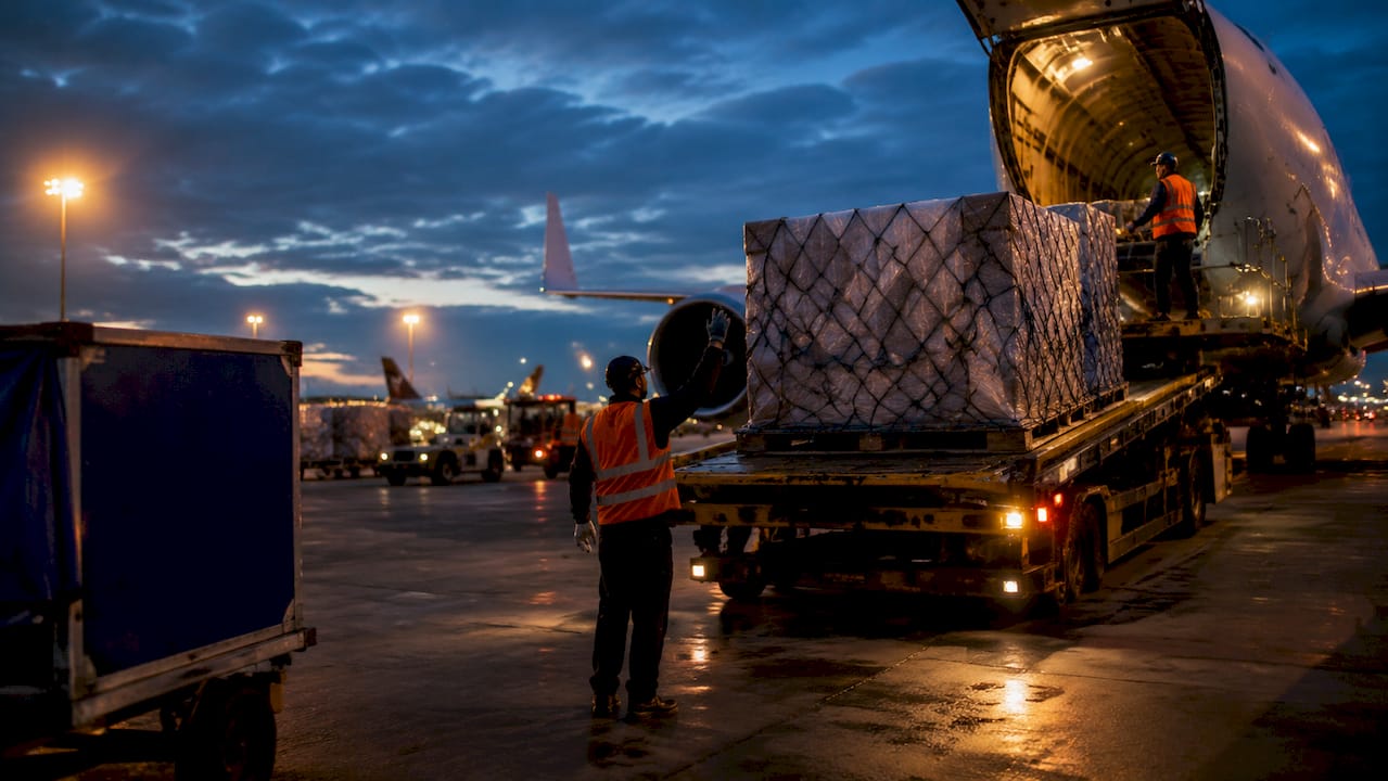 Cargo plane loading at airport terminal