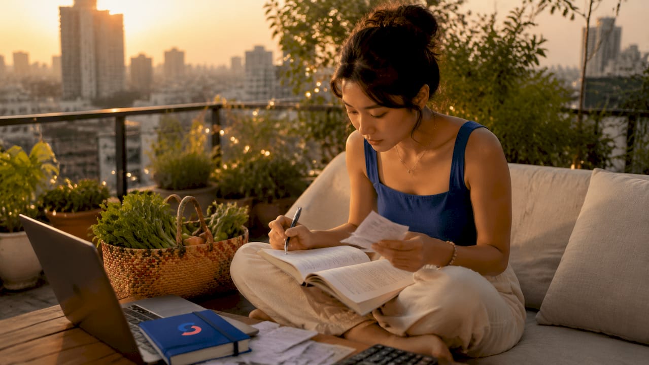 Woman budgeting monthly expenses in Vietnam apartment