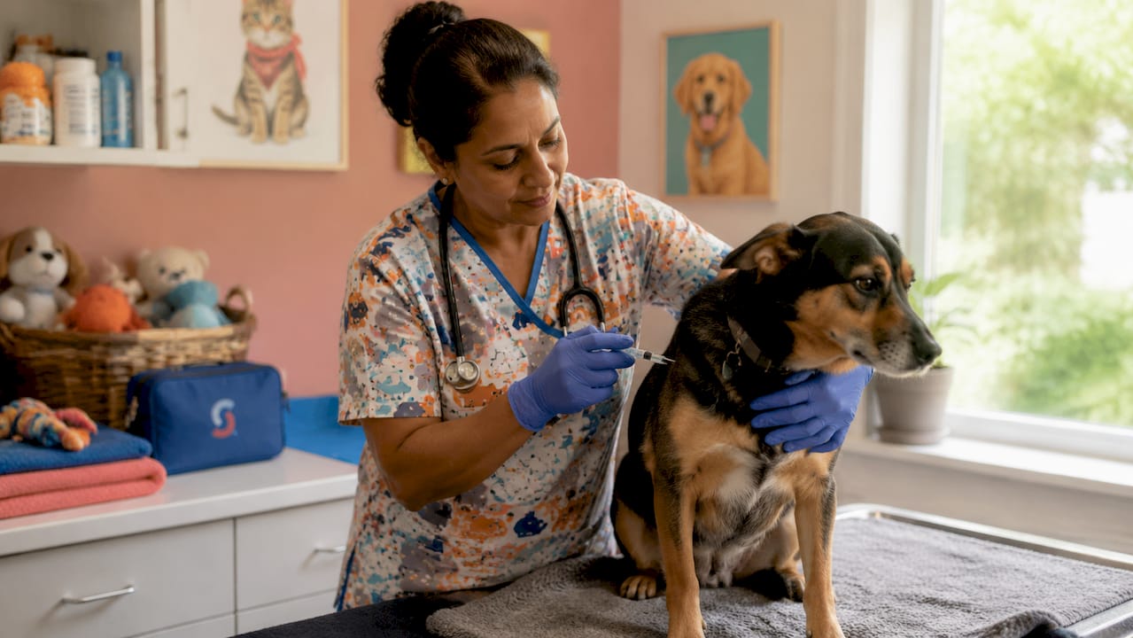 Veterinarian vaccinating a dog in clinic