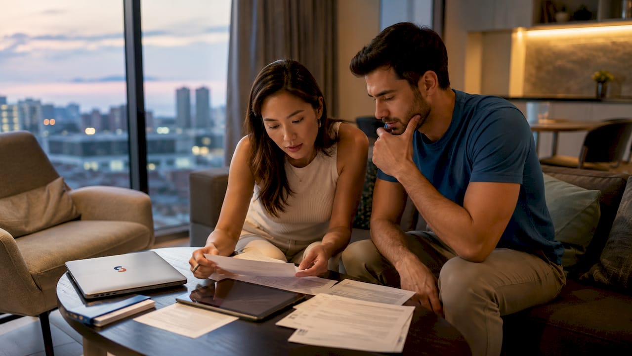 Expat couple reviewing apartment rental papers