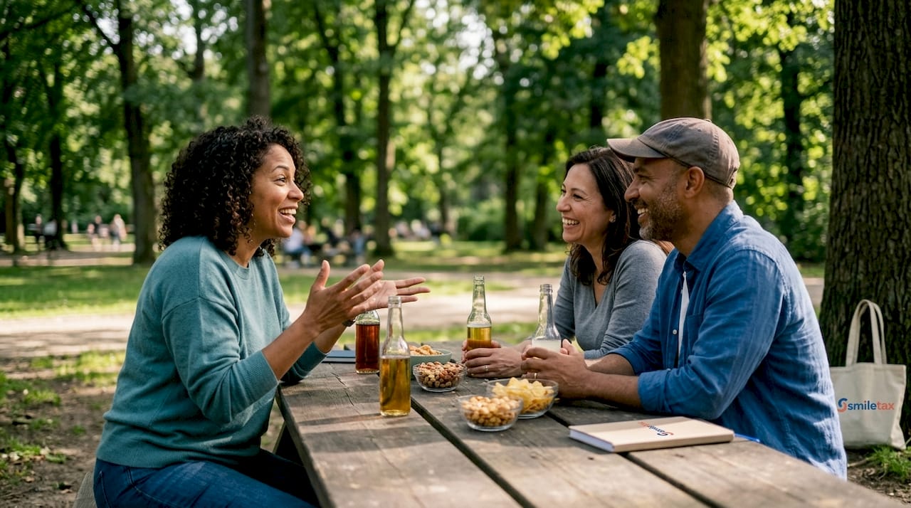 Friends talking at outdoor café table