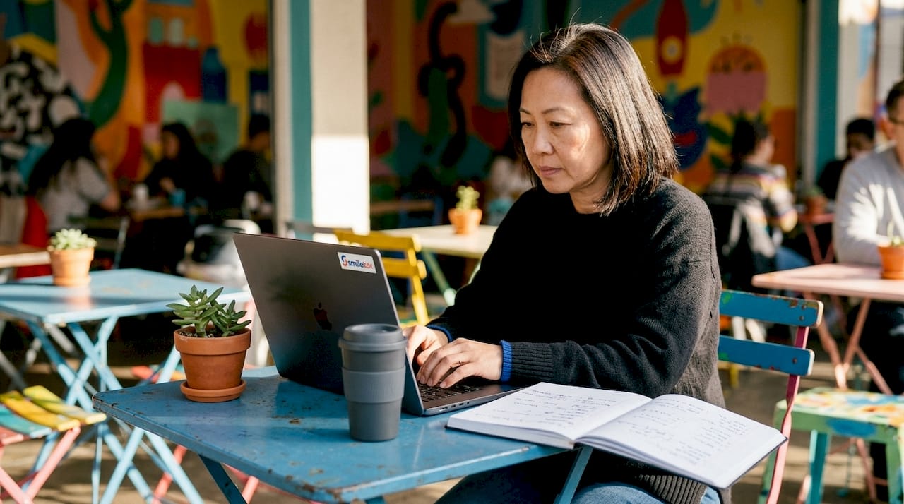 Woman working on laptop in co-working space