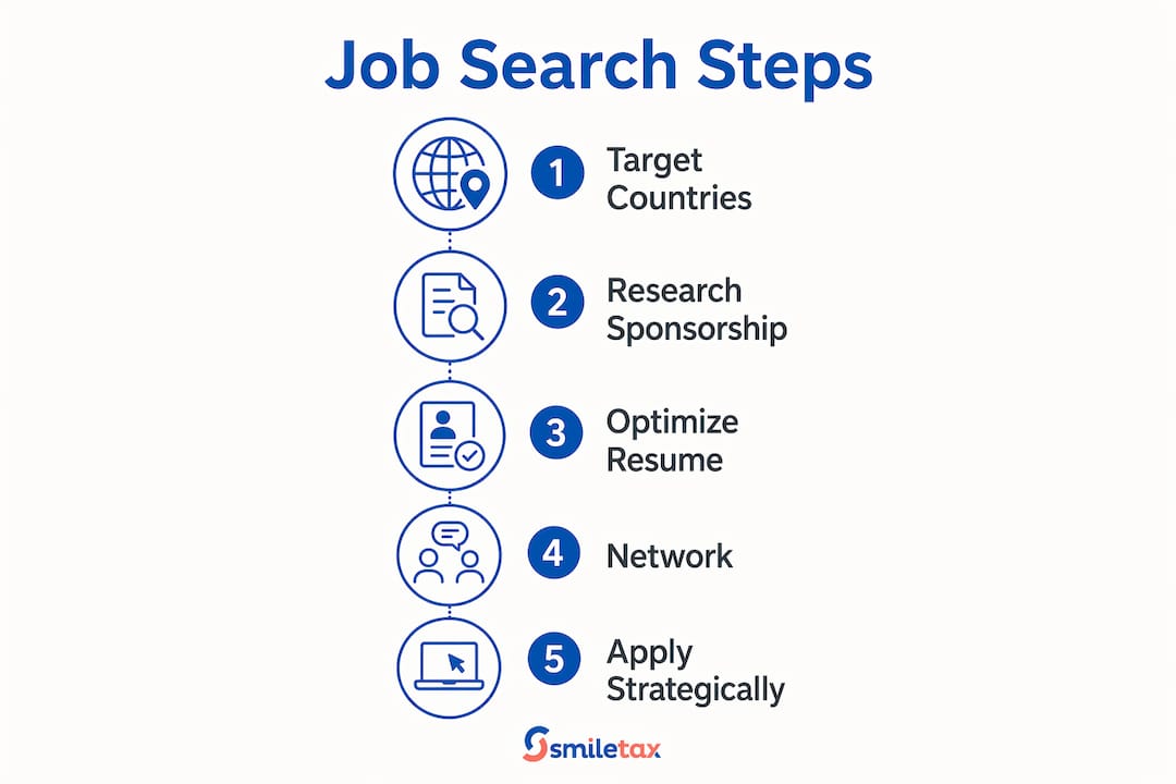 Infographic showing steps to find a job abroad