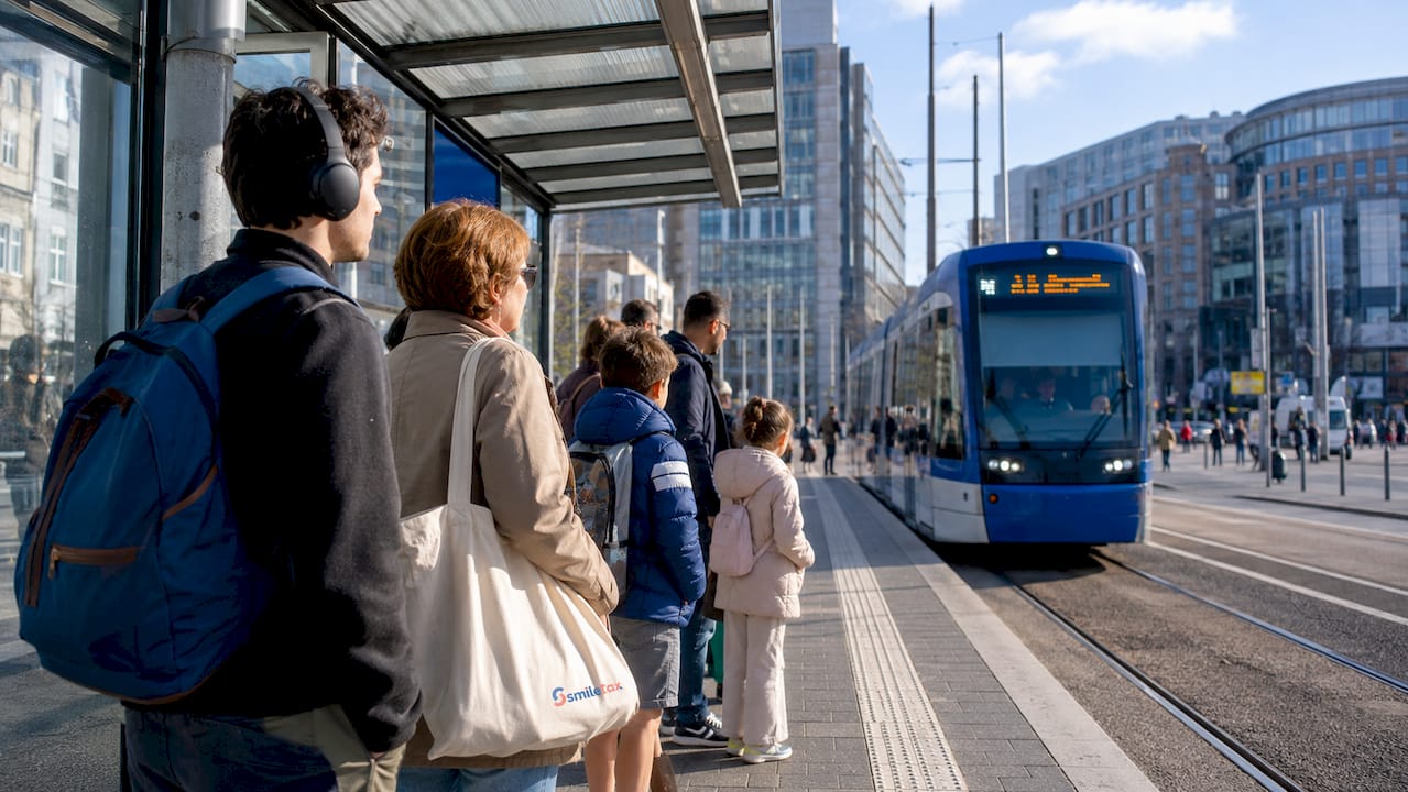 Busy tram stop with commuters in Antwerp
